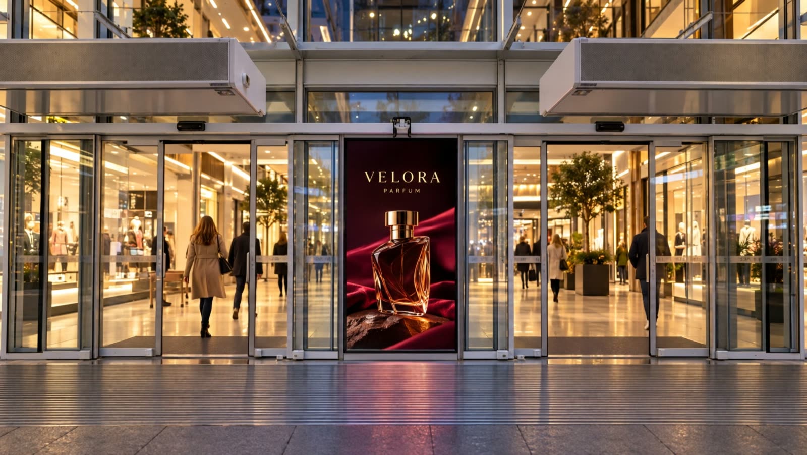 Vizualizácia vertikálnej LED plochy LumaIcon Glass v pevnom zasklení medzi dvoma posuvnými vstupnými dverami