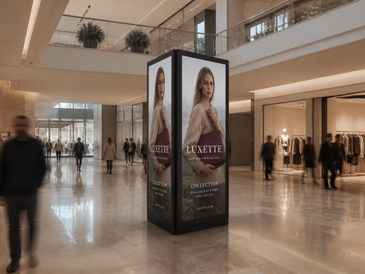 Produktová vizualizácia: štvorstranné médium LumaIcon v átriu zobrazuje prémiovú reklamnú kampaň značky