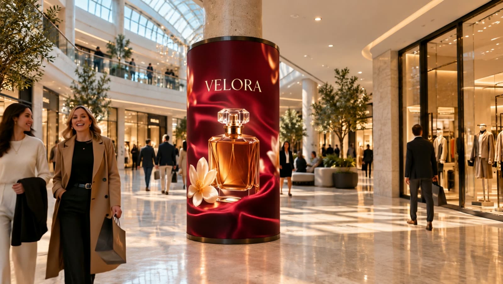 Vizualizácia: obrazovka LumaIcon Column okolo stĺpa v nákupnom centre zobrazuje reklamnú kampaň parfumu