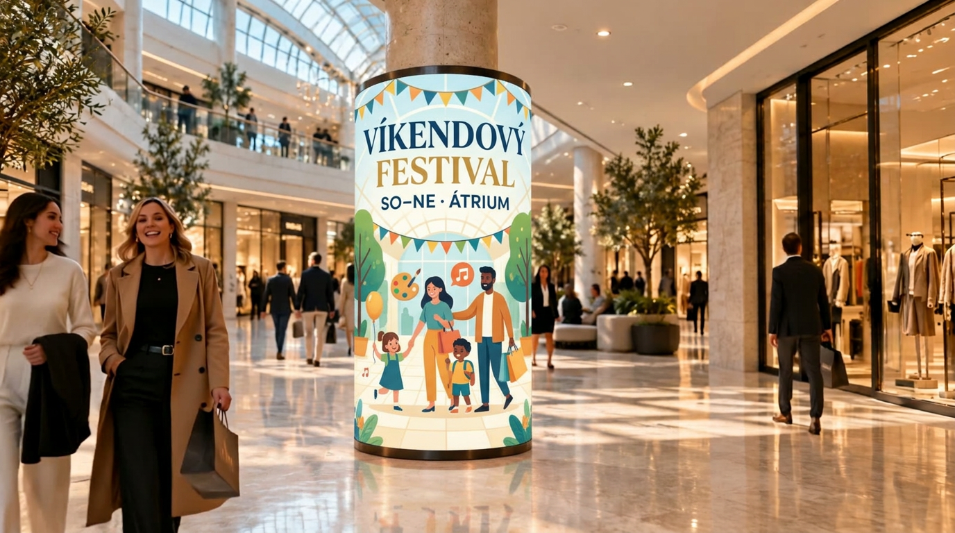 Vizualizácia: tá istá obrazovka LumaIcon Column na tom istom mieste zobrazuje pozvánku na víkendový festival centra