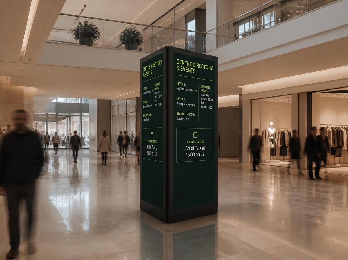 Produktová vizualizácia: rovnaké médium LumaIcon v tom istom átriu zobrazuje navigáciu, podujatia a otváracie hodiny lokality
