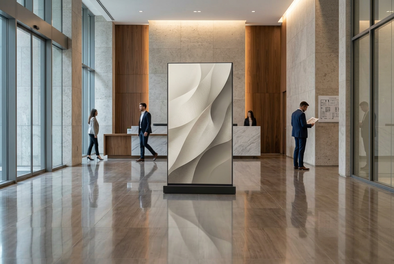 Produktová vizualizácia LumaIcon Duo v lobby office a mixed-use budovy